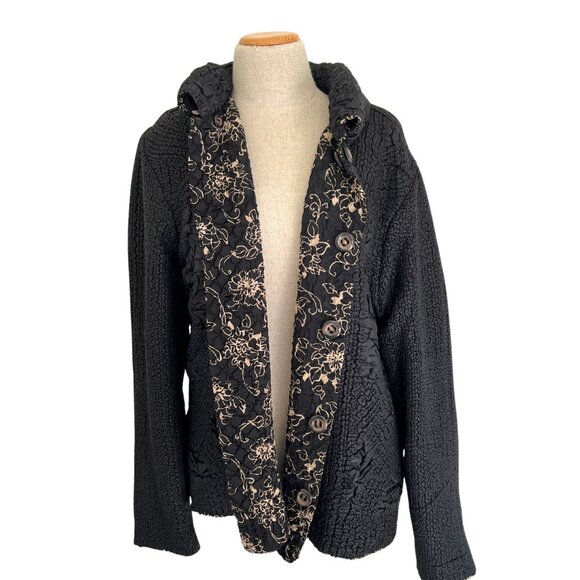 Coldwater Creek Jacket Womens Large Black Floral Reversible Collared Button Up - Picture 4 of 10